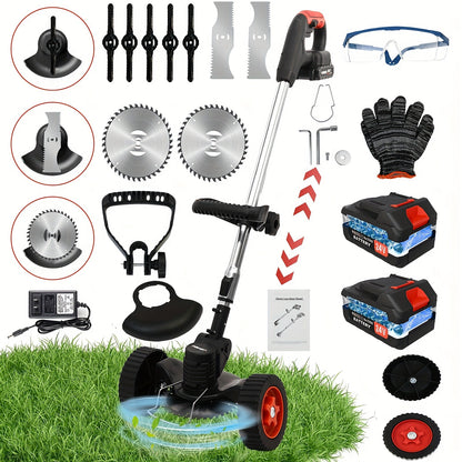 Weed Wacker Cordless 24V Brush Cutter – Electric String Trimmer with 2 Batteries & Charger, 3 Blade Types, Lightweight Battery Powered Weed Eater for Yard, Garden & Lawn Trimming