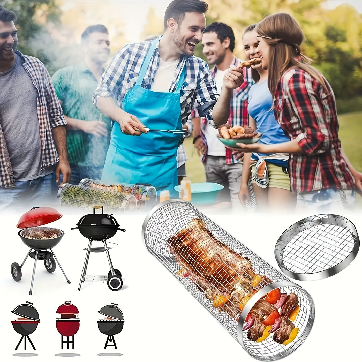 Rolling Grill Basket Stainless Steel 2-Pack – Cylinder BBQ Basket with Hook & Fork for Vegetables, Meatballs & Seafood | Outdoor Camping Bonfire Grill Accessory