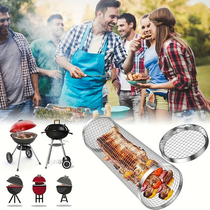 Rolling Grill Basket Stainless Steel 2-Pack – Cylinder BBQ Basket with Hook & Fork for Vegetables, Meatballs & Seafood | Outdoor Camping Bonfire Grill Accessory