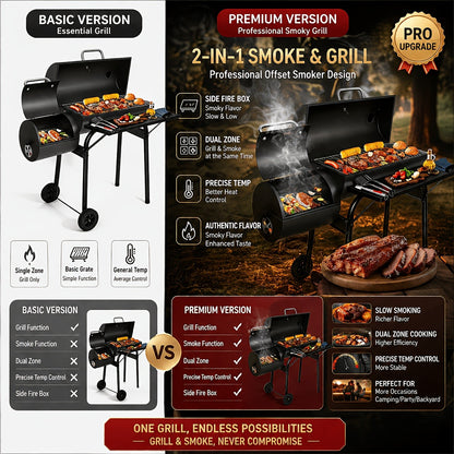 Charcoal Grill with Offset Smoker, Barrel BBQ Smoker Grill Combo for Backyard & Patio, Heavy-Duty Outdoor Charcoal Smoker with Side Firebox for Smoking, Grilling & BBQ Parties