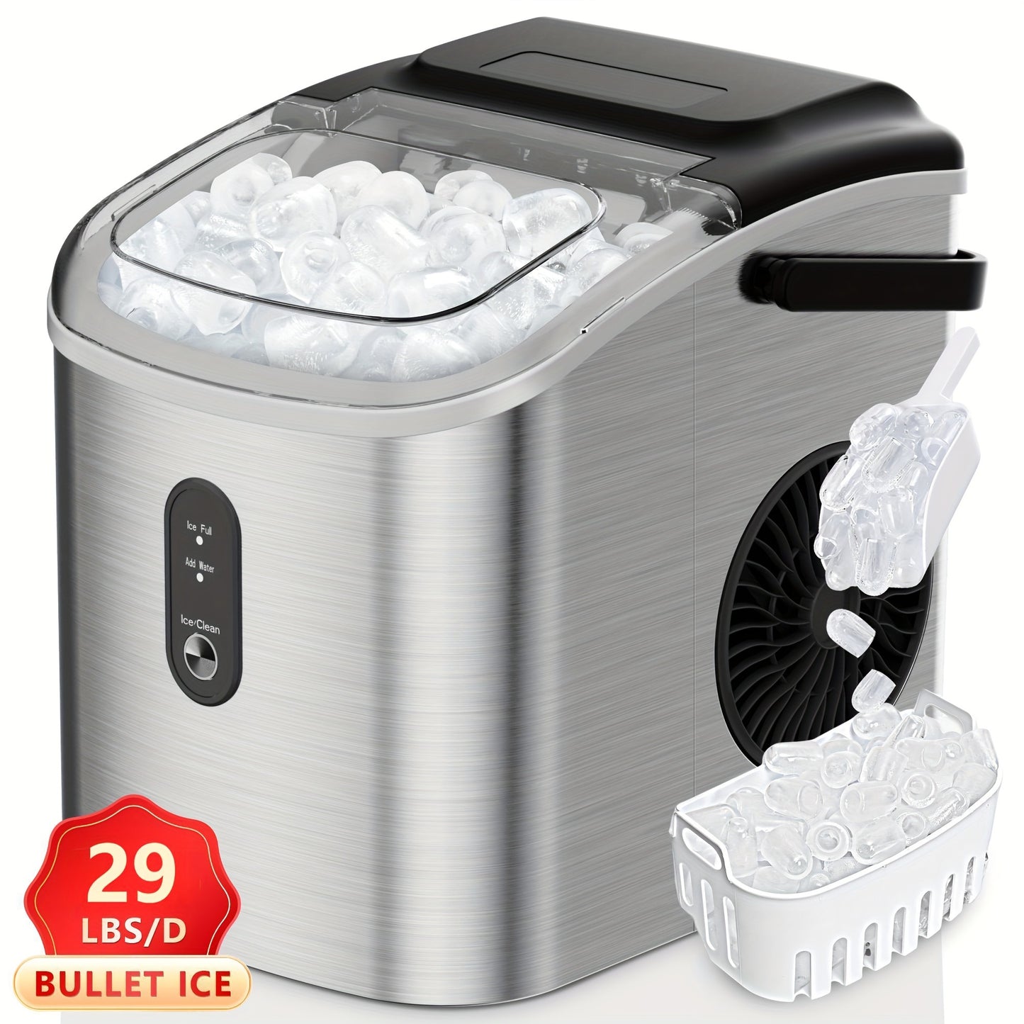 Portable Ice Maker Machine 26-29 Lbs Bullet Ice Self-Cleaning Countertop
