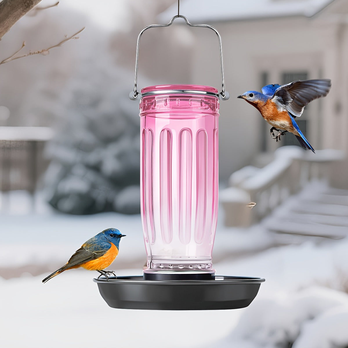 Bird Waterer Outdoor Hanging Glass Wild Bird Water Dispenser with Metal Handle - Gravity Fed Garden Yard Patio Tree Bird Feeder for Cardinals Blue Jays Finches Sparrows Bird Lover Gift