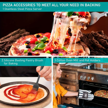 Pizza Stone Set 7-Piece with Tools – Cordierite Baking Stone with Stainless Steel Peel Cutter Brush & Heat-Resistant Gloves | Crispy Crust for Oven BBQ Grill Homemade Artisan Pizza Gift