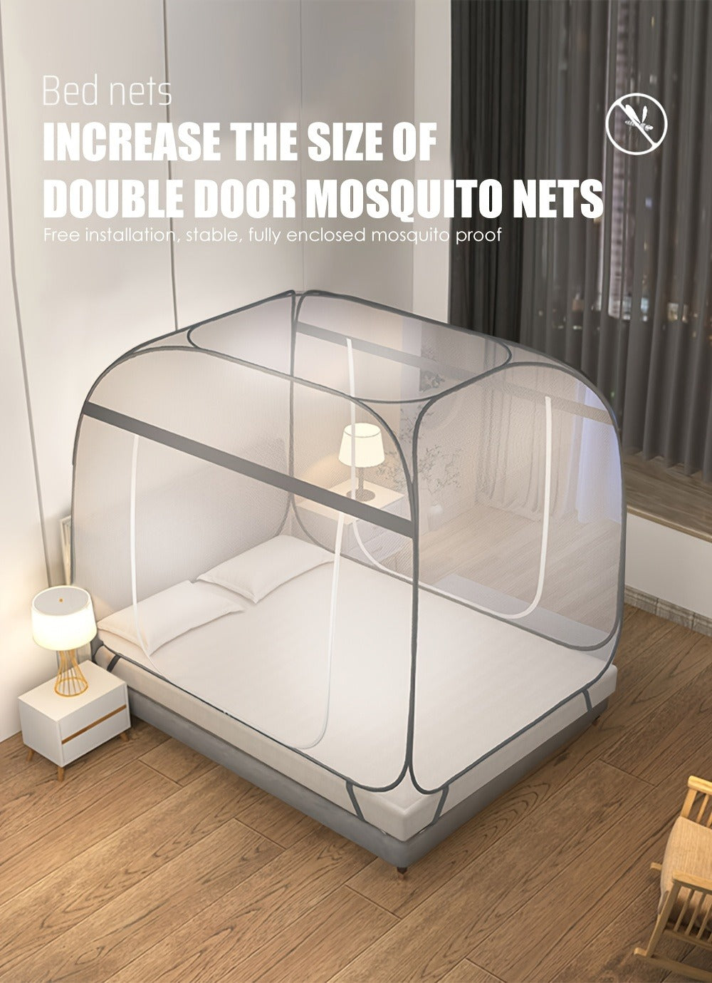 Mosquito Net Canopy Bed – Yurt Style 360° Full Coverage, Stainless Steel Frame, Easy Open Design for Bedroom, Dorm & Outdoor, Multiple Sizes, Grey & Blue