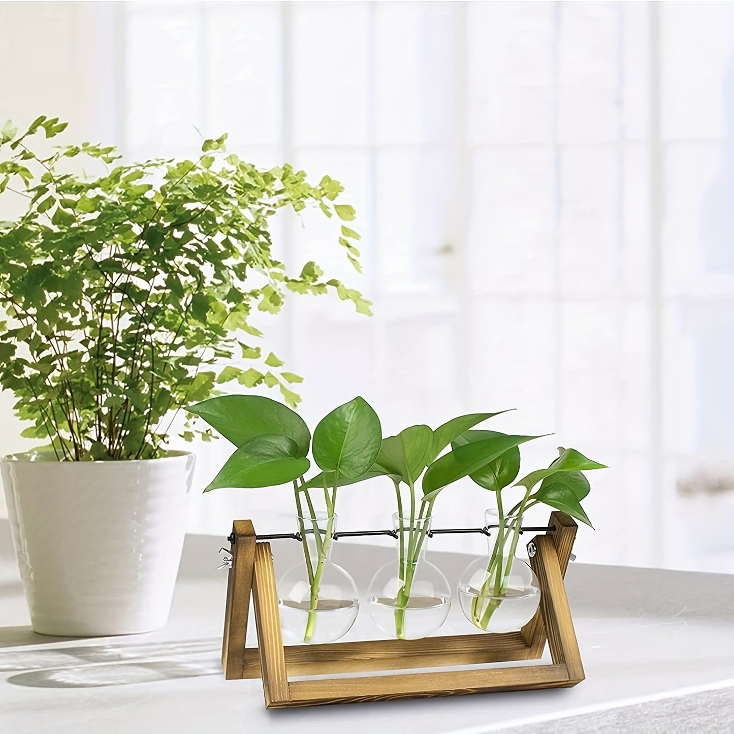 Propagation Station 3 Bulb Glass Vase with Wooden Stand - Hydroponic Plant Terrarium for Home Office Desk Decor, Unique Gardening Gift for Women Plant Lovers, Boho Cottagecore