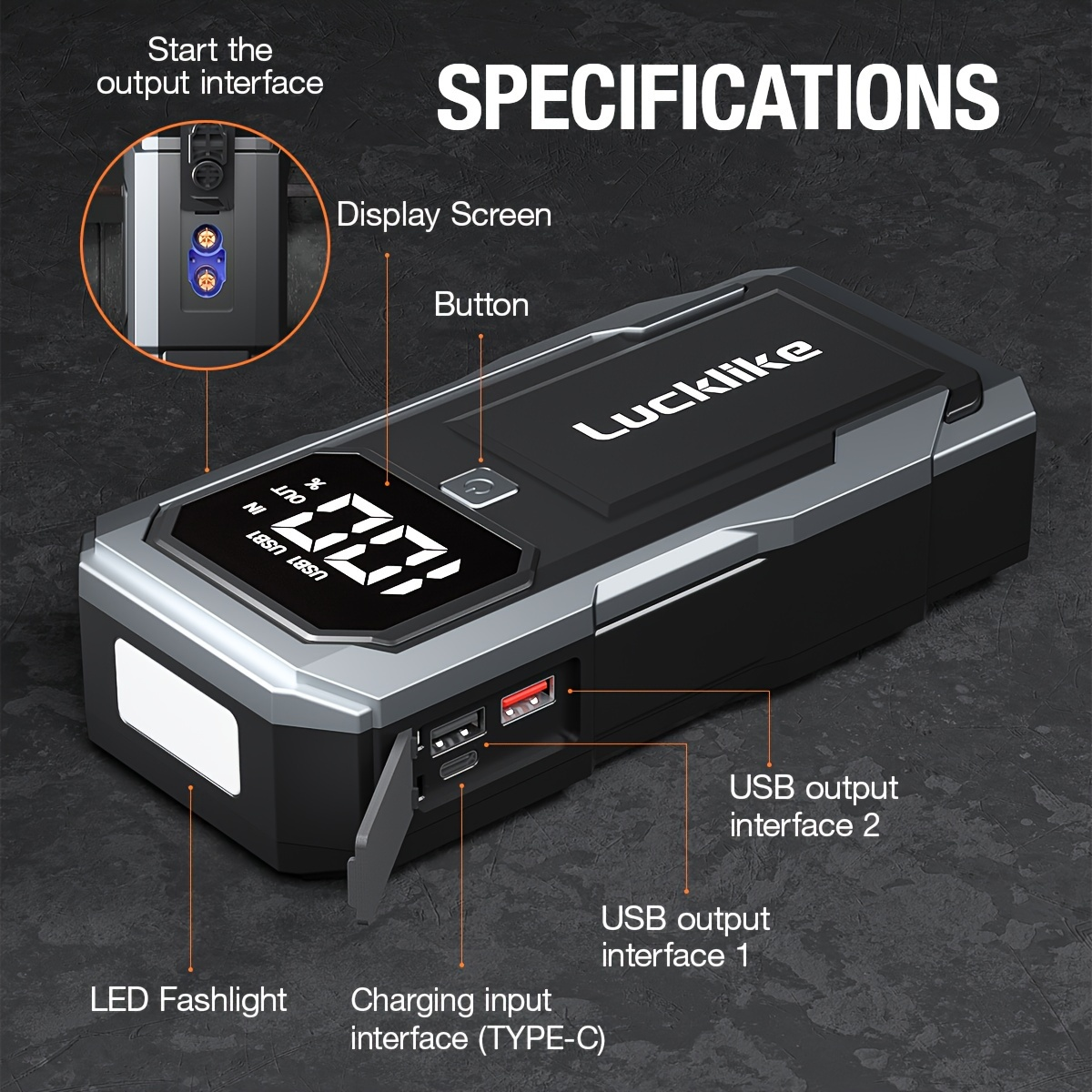 Battery Jump Starter 5000A 3000A Peak for Gas Diesel Engines QC3.0 18W Fast Charge USB-C Recharge Digital Display LED Light Intelligent Clamps Power Bank