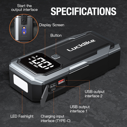 Battery Jump Starter 5000A 3000A Peak for Gas Diesel Engines QC3.0 18W Fast Charge USB-C Recharge Digital Display LED Light Intelligent Clamps Power Bank