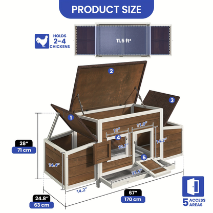 Hen House 67" for 4-6 Chickens with 2 Nesting Boxes | Wooden Chicken Coop with Weatherproof Roof, Removable Tray, Metal Wire Mesh & Ramp – Rabbit Hutch Duck Coop Outdoor