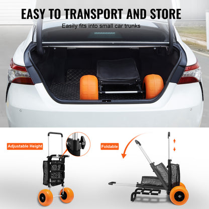 Beach Cart Heavy Duty Aluminum Alloy 165 LB Capacity 12-Inch PU Foam Wheels Folding Sand Cart Adjustable Handle for Camping Fishing Gardening Outdoor
