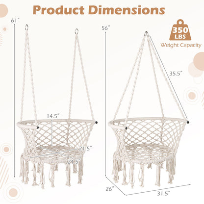 Macrame Hammock Chair – Knitted Boho Swing Chair with Cotton Rope, 350 lbs Capacity, Hanging Chair for Indoor Outdoor Bedroom Patio Balcony Garden