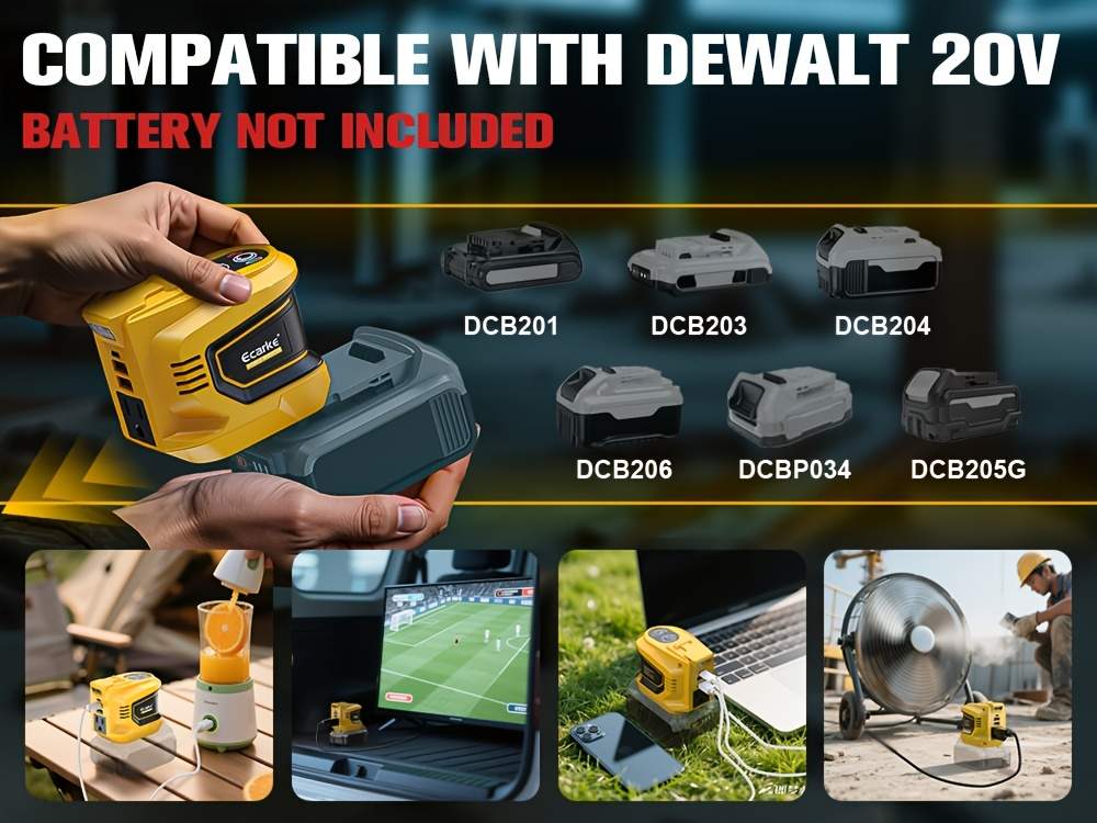 Battery Inverter for Dewalt 20V & 18V - 200W/350W/550W DC to AC 110V, USB, Type-C & AC Outlet, LED Work Light, Portable Power Supply for Camping, Outdoor & Emergency (Bare Tool)