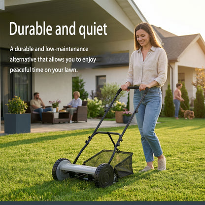 Reel Lawn Mower 14-Inch 5-Blade Manual Push with Grass Catcher, Adjustable Height 0.6"-1.8", Quiet No-Gas Walk-Behind Mower for Small Yards, 13.6 lbs Lightweight