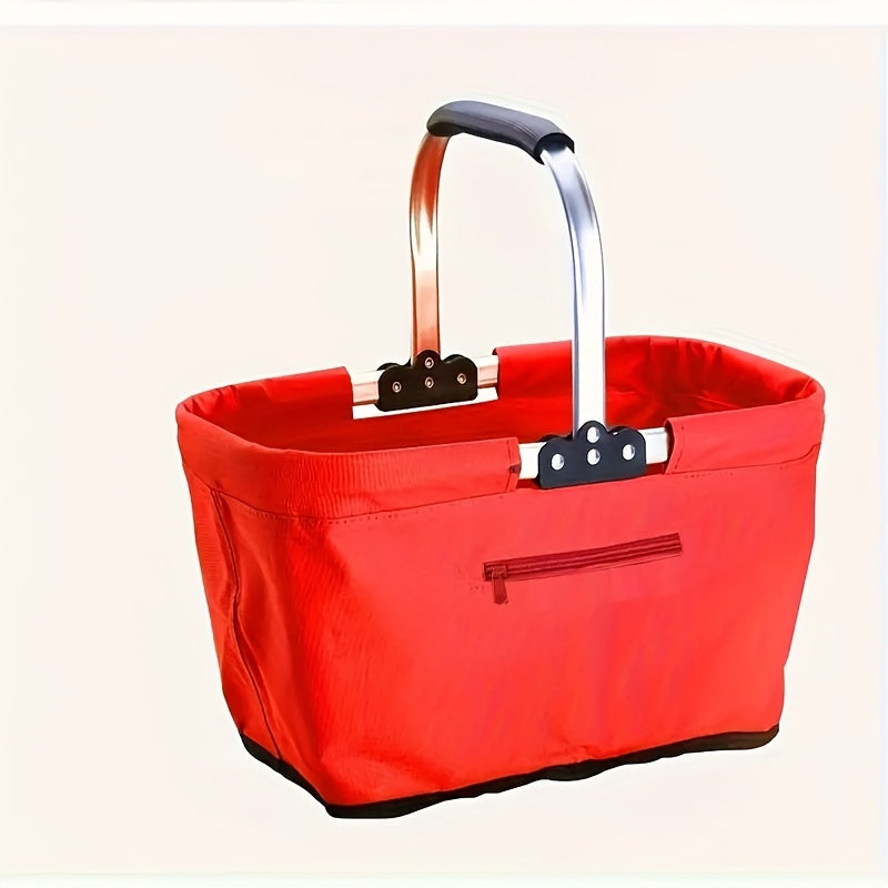 Foldable Picnic Basket Insulated | Portable Shopping Basket Aluminum Frame Oxford Cloth with Zippered Pocket