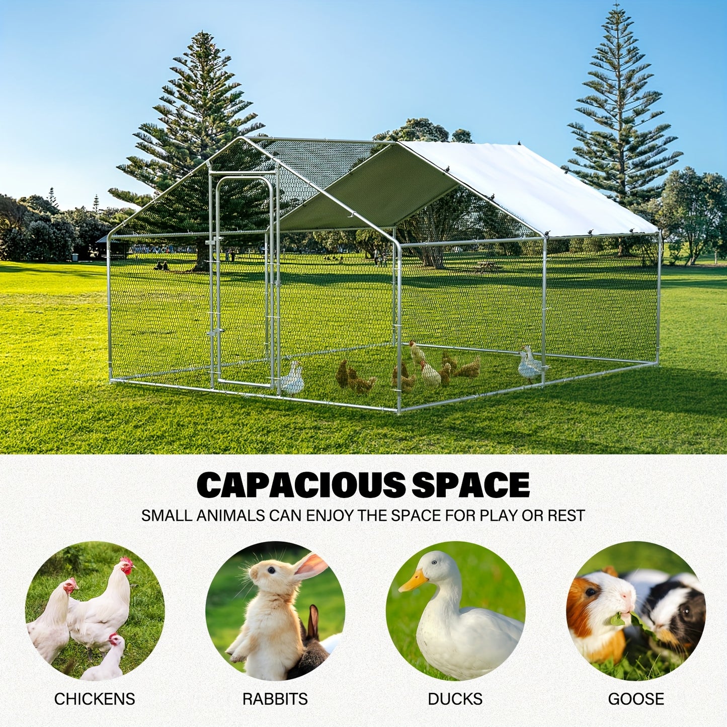 Metal Chicken Run Outdoor Poultry Cage Large Walk-in Enclosure for Chickens Ducks Rabbits UV-Resistant Weather-Resistant Mesh Walls Secure Latches Easy-Access Doors No Electricity Needed