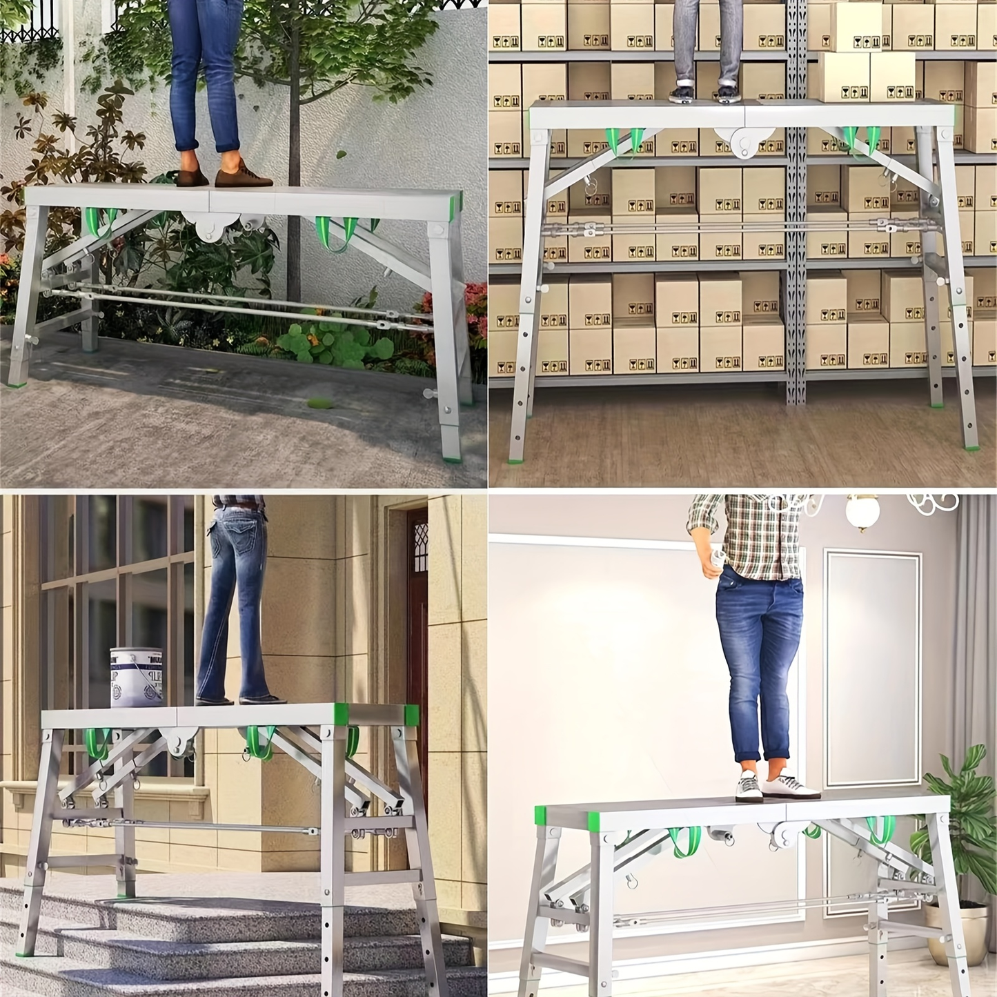 Scaffolding Work Platform Folding Steel Step Ladder 1000 LBS Heavy Duty Adjustable Height Portable Drywall Bench for Painting Decorating Car Washing RV Cleaning