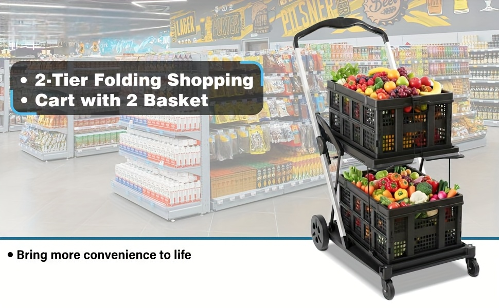 Two Tier Cart with 2 Storage Crates 360° Swivel Wheels, Heavy Duty Collapsible Shopping Trolley Folding Utility Cart for Groceries Picnic Office Multi-Use