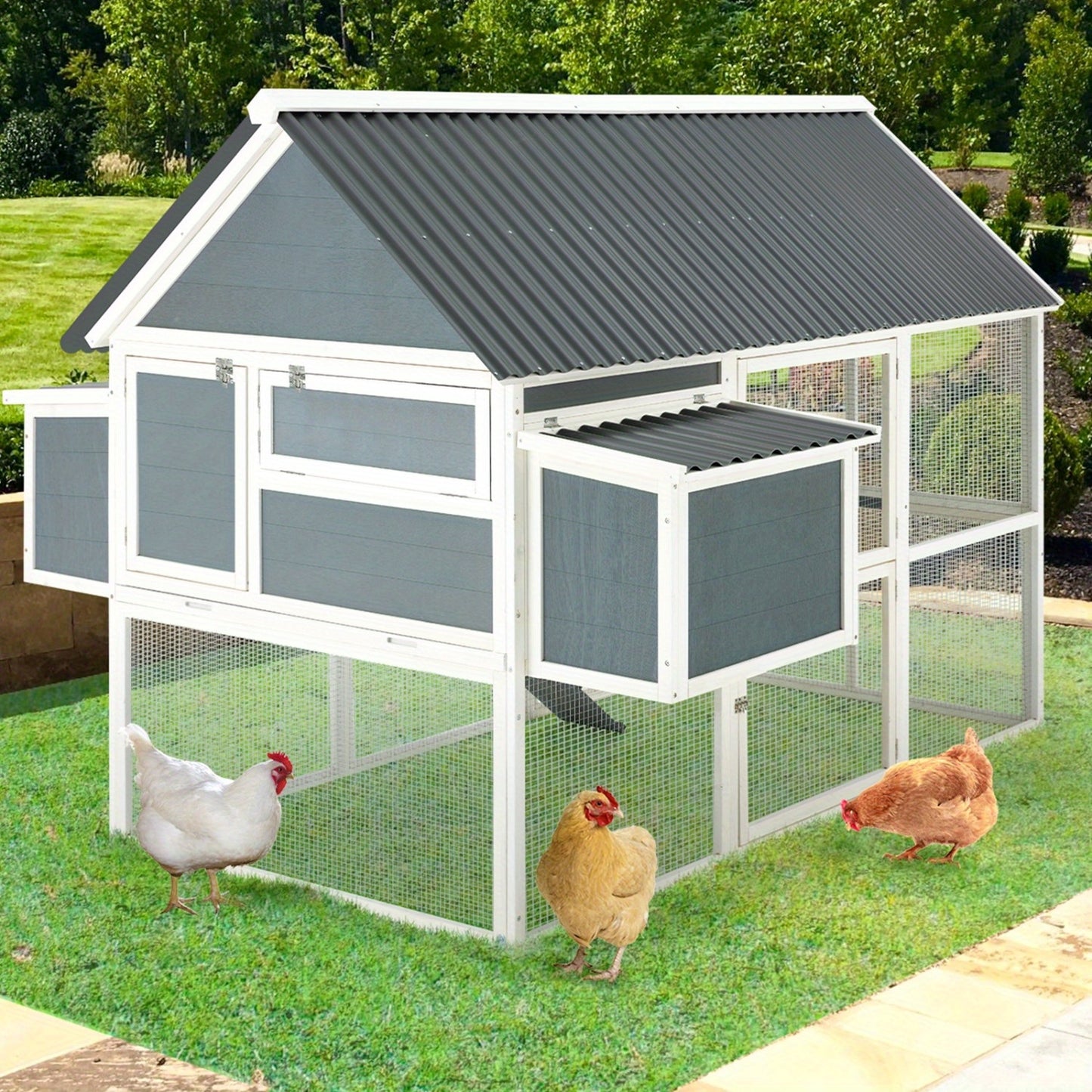 Large Chicken Coop 84" for 8-10 Hens | Outdoor Wooden Hen House with Run, 2 Nesting Boxes, 3 Perches, Removable Tray & Ground Spikes – Walk-In Poultry Cage