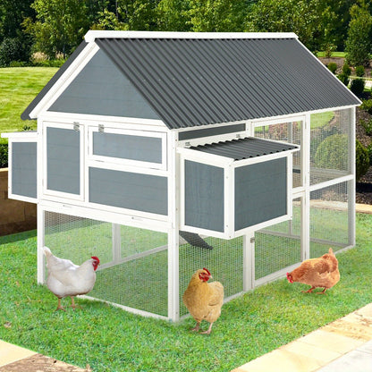 Large Chicken Coop 84" for 8-10 Hens | Outdoor Wooden Hen House with Run, 2 Nesting Boxes, 3 Perches, Removable Tray & Ground Spikes – Walk-In Poultry Cage