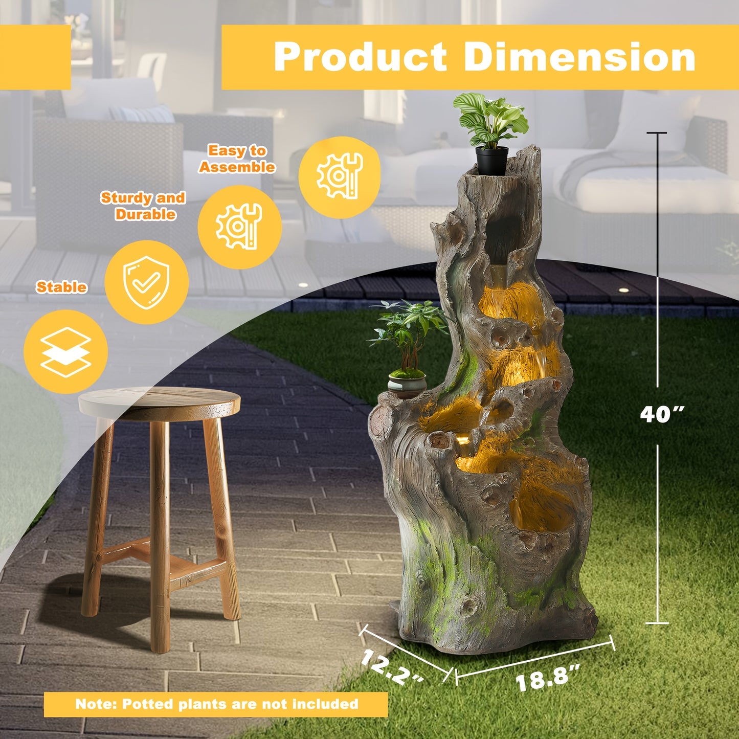 Outdoor Water Fountain 40 Inch 6-Tier Cascading Tree Trunk Waterfall with LED Lights Resin for Garden Patio Yard