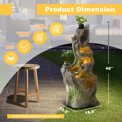 Outdoor Water Fountain 40 Inch 6-Tier Cascading Tree Trunk Waterfall with LED Lights Resin for Garden Patio Yard