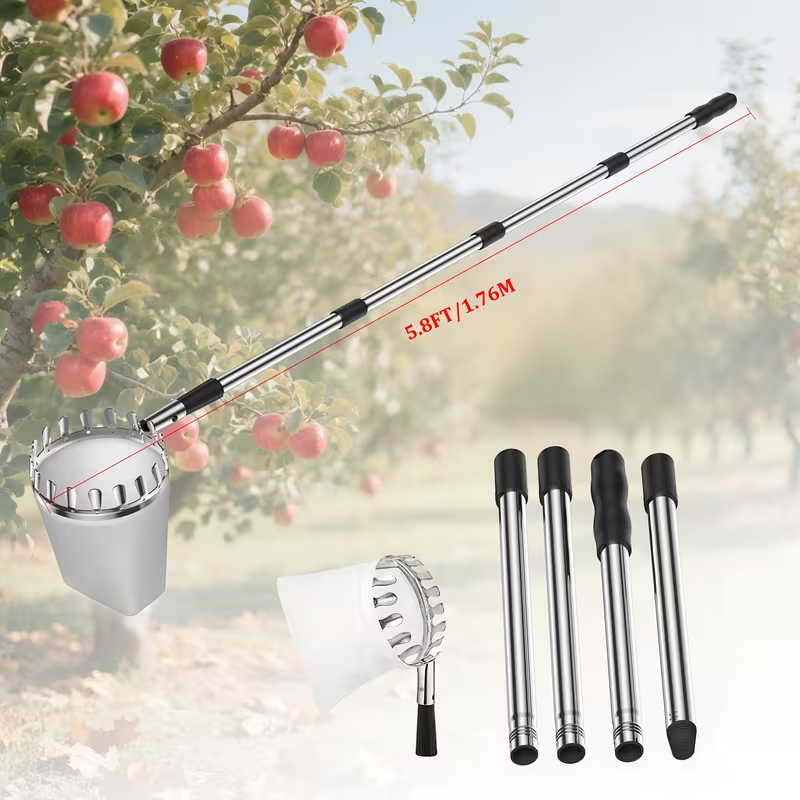 Fruit Picker Stainless Steel Adjustable Extension Pole - Tall Tree Orchard Picking Tool with Non-Slip Handle for Apples, Avocados, Peaches, Pears, Lemons, Cherries & Plums - 63 to 157 Inch