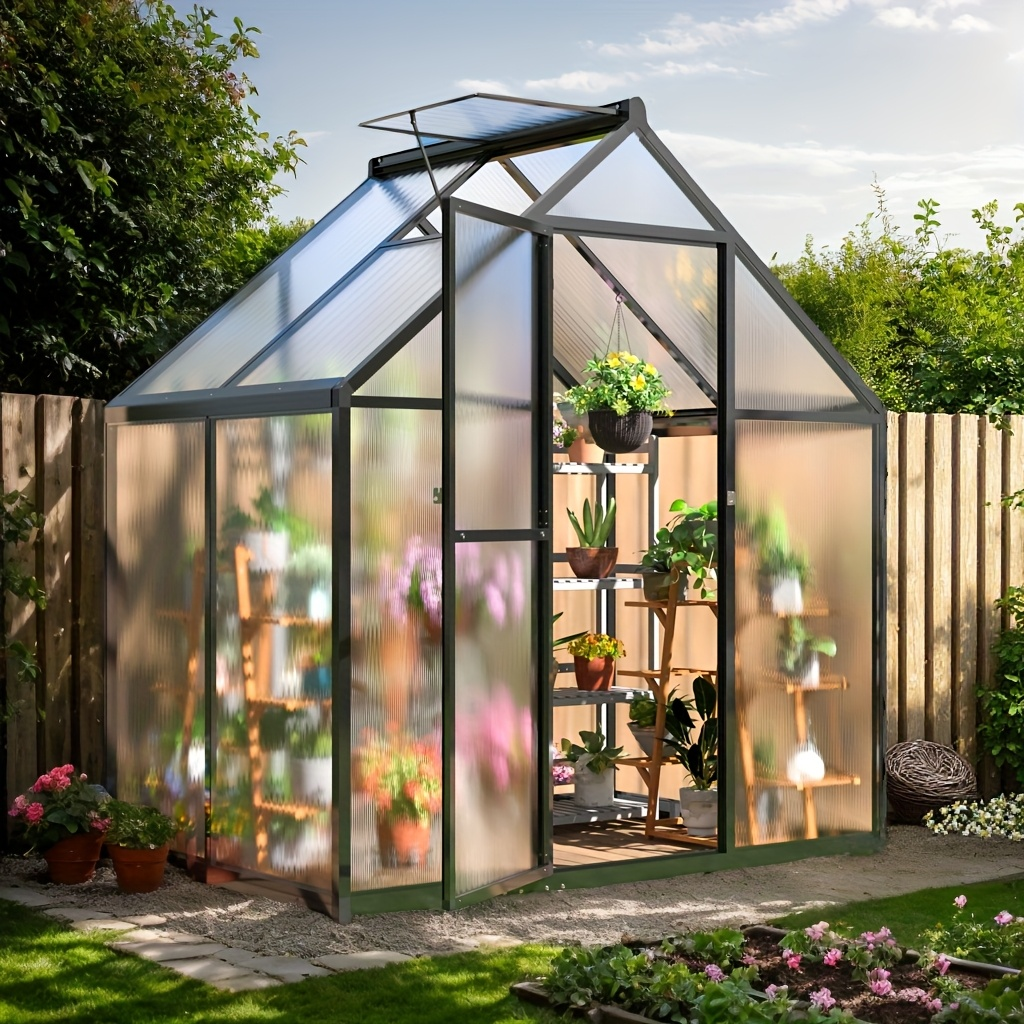 Polycarbonate Greenhouse with Aluminum Frame – Walk-In Outdoor Garden Greenhouse with Roof Ventilation, Lockable Door & UV Protection, 4x6 / 6x7.5 / 10x12 FT