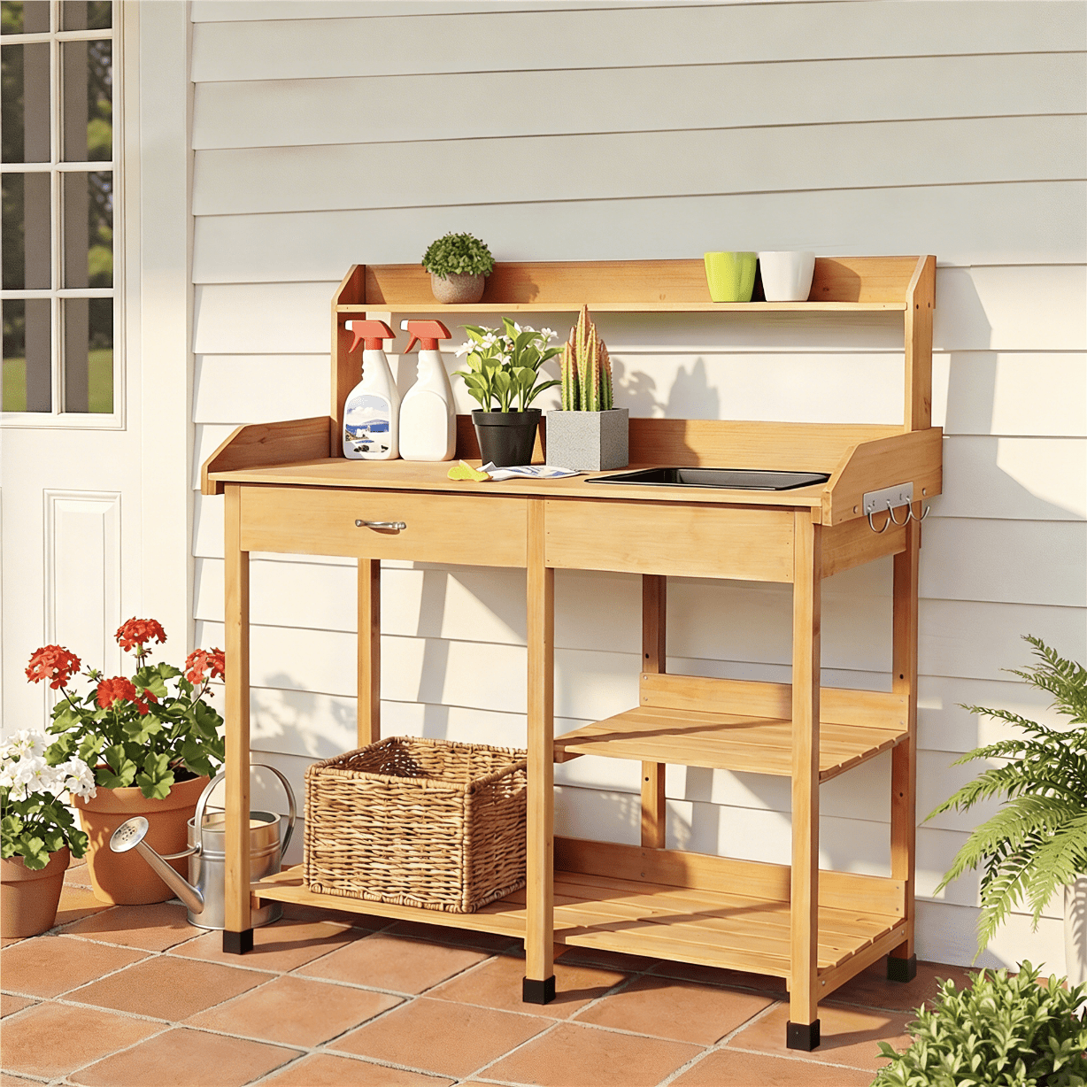 Garden Potting Table 4-Tier with Removable Sink, Adjustable Shelf, Drawer & Side Hooks, Outdoor Planter Stand for Yard Greenhouse in Wood, Brown & Gray