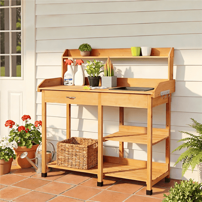 Garden Potting Table 4-Tier with Removable Sink, Adjustable Shelf, Drawer & Side Hooks, Outdoor Planter Stand for Yard Greenhouse in Wood, Brown & Gray