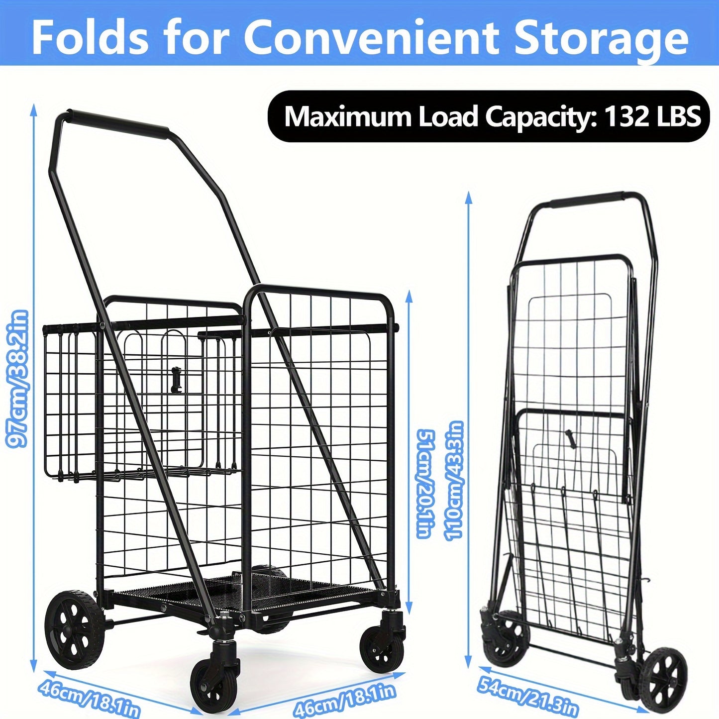 Folding Grocery Cart on Wheels Heavy Duty 132 LBS Capacity, Double Basket Shopping Cart for Groceries Laundry Foldable Utility Cart