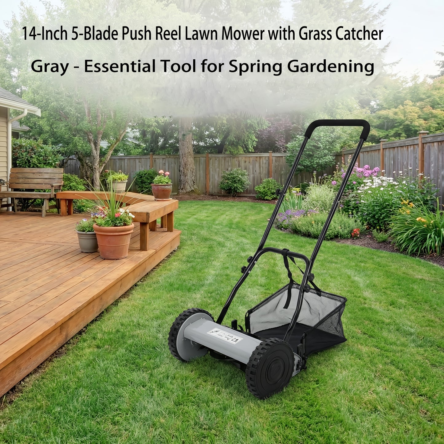 Reel Lawn Mower 14-Inch 5-Blade Manual Push with Grass Catcher, Adjustable Height 0.6"-1.8", Quiet No-Gas Walk-Behind Mower for Small Yards, 13.6 lbs Lightweight