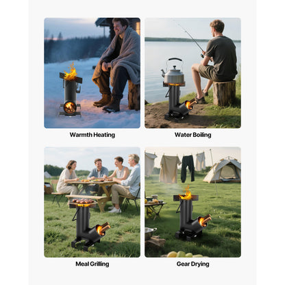 Rocket Stove Wood Burning Portable Camping Stove Carbon Steel Cast Iron Top with Storage Bag Outdoor Cooking Stove