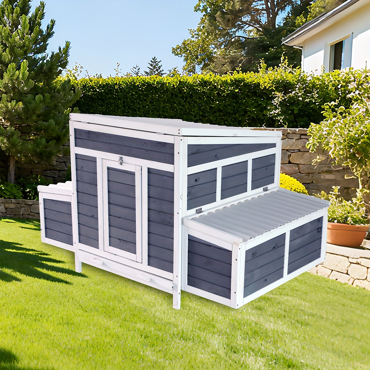 Wooden Chicken Coop with 2 Large Nesting Boxes for 4-6 Chickens | 59" Outdoor Hen House with Weatherproof PVC Roof, Ramps, Perches & Multiple Entrances