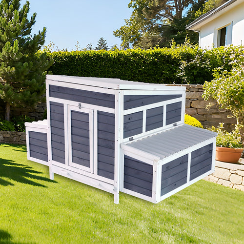 Wooden Chicken Coop with 2 Large Nesting Boxes for 4-6 Chickens | 59" Outdoor Hen House with Weatherproof PVC Roof, Ramps, Perches & Multiple Entrances