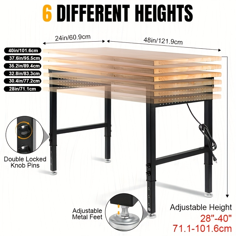 Workbench Heavy Duty Height Adjustable 28-40 Inch 2000 LBS Capacity Steel Frame Rubber Wood Top ETL Power Outlet Pegboard for Garage Workshop Home Office