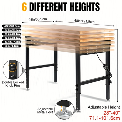 Workbench Heavy Duty Height Adjustable 28-40 Inch 2000 LBS Capacity Steel Frame Rubber Wood Top ETL Power Outlet Pegboard for Garage Workshop Home Office