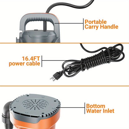 Submersible Sump Pump 1HP 3700GPH Electric Portable Water Pump for Pool Basement Hot Tub Drainage