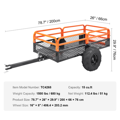 Tow Behind Dump Cart ATV Trailer 750-1500 lbs, Heavy Duty Steel Garden Dump Trailer 12-15 Cu Ft with Removable Sides & Pneumatic Tires for Mowers, Tractors, UTV