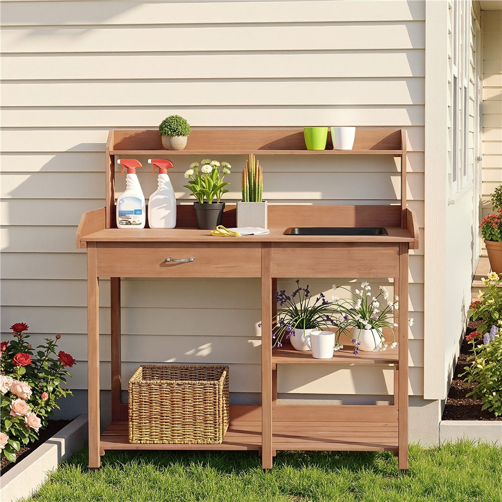 Garden Potting Table 4-Tier with Removable Sink, Adjustable Shelf, Drawer & Side Hooks, Outdoor Planter Stand for Yard Greenhouse in Wood, Brown & Gray