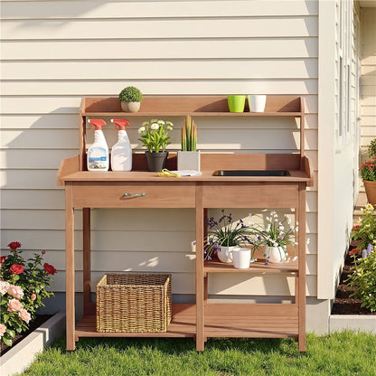 Garden Potting Table 4-Tier with Removable Sink, Adjustable Shelf, Drawer & Side Hooks, Outdoor Planter Stand for Yard Greenhouse in Wood, Brown & Gray