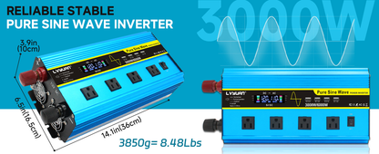 Pure Sine Wave Inverter 3000W 6000W Peak DC 12V 24V to AC 110V with LCD Display 4 AC Outlets Wireless Remote Control for RV Truck Vehicle Camping Home Backup