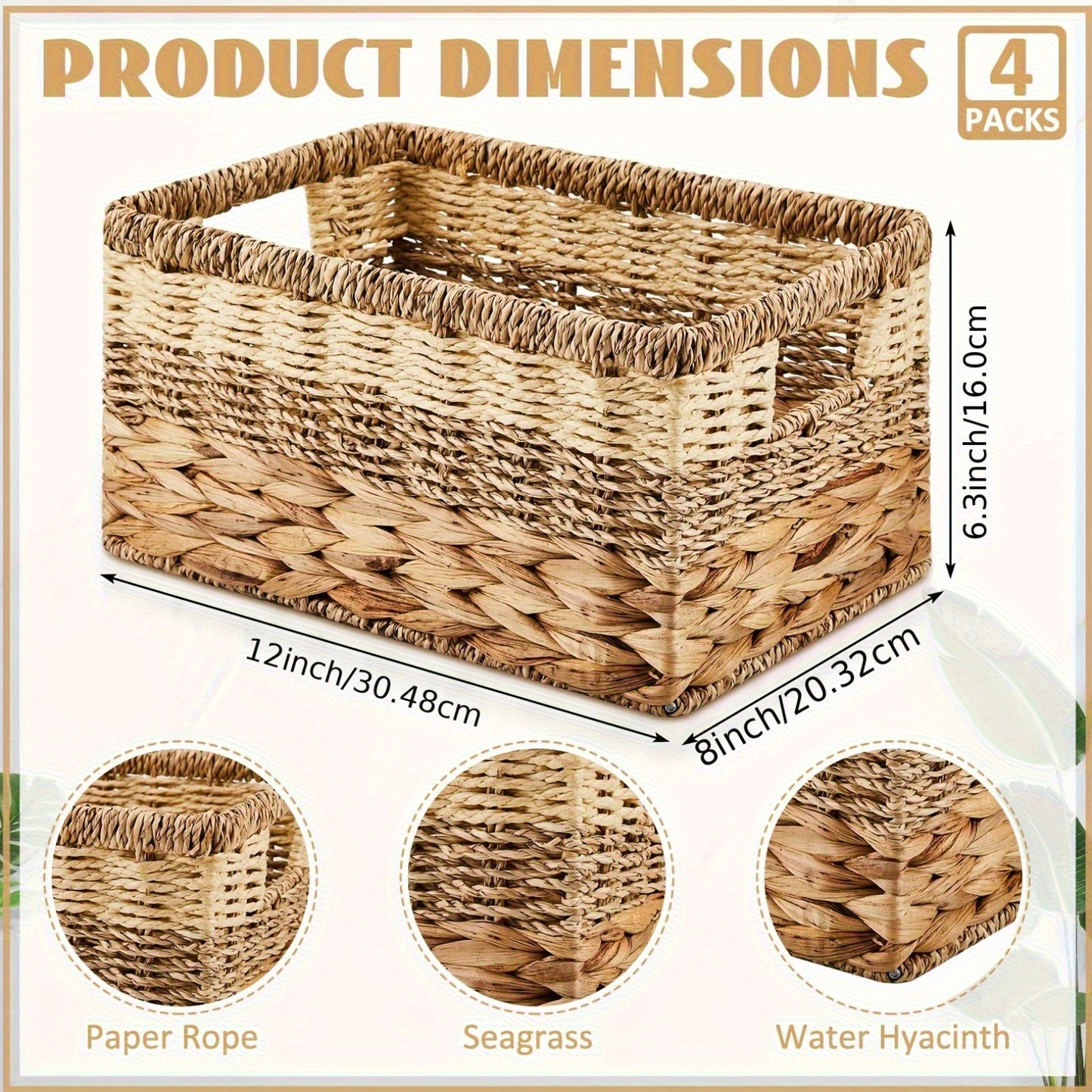 Wicker Storage Baskets Set of 4 – Hand Woven Water Hyacinth Seagrass Organizer Baskets with Handles for Shelves, Pantry, Bathroom, Bedroom & Living Room, 12x8x6.3 Inch