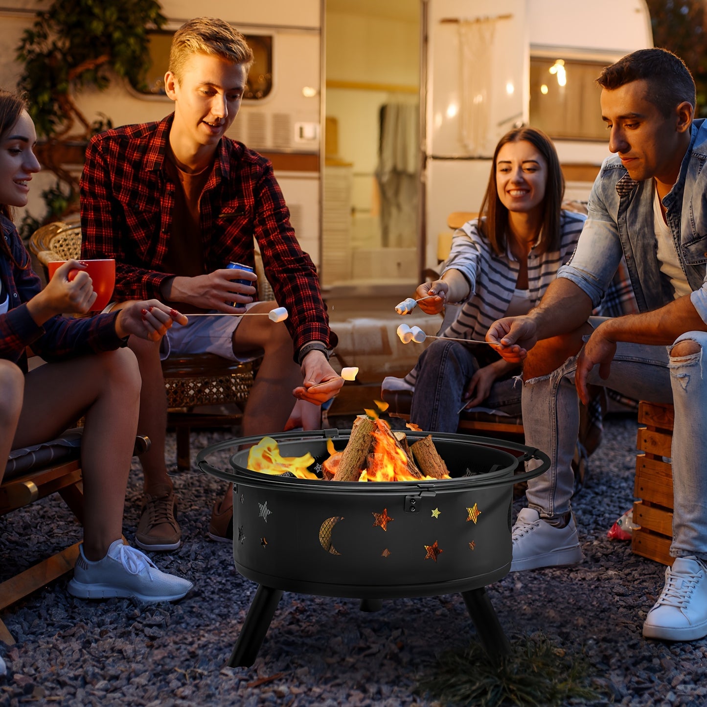Fire Pit 30 Inch Round Wood Burning Outdoor Backyard Patio Steel Bowl with Spark Screen Mesh Lid Star Moon Cutout Carrying Ring Poker Included Black