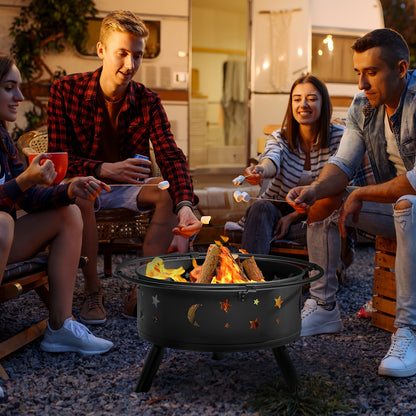 Fire Pit 30 Inch Round Wood Burning Outdoor Backyard Patio Steel Bowl with Spark Screen Mesh Lid Star Moon Cutout Carrying Ring Poker Included Black