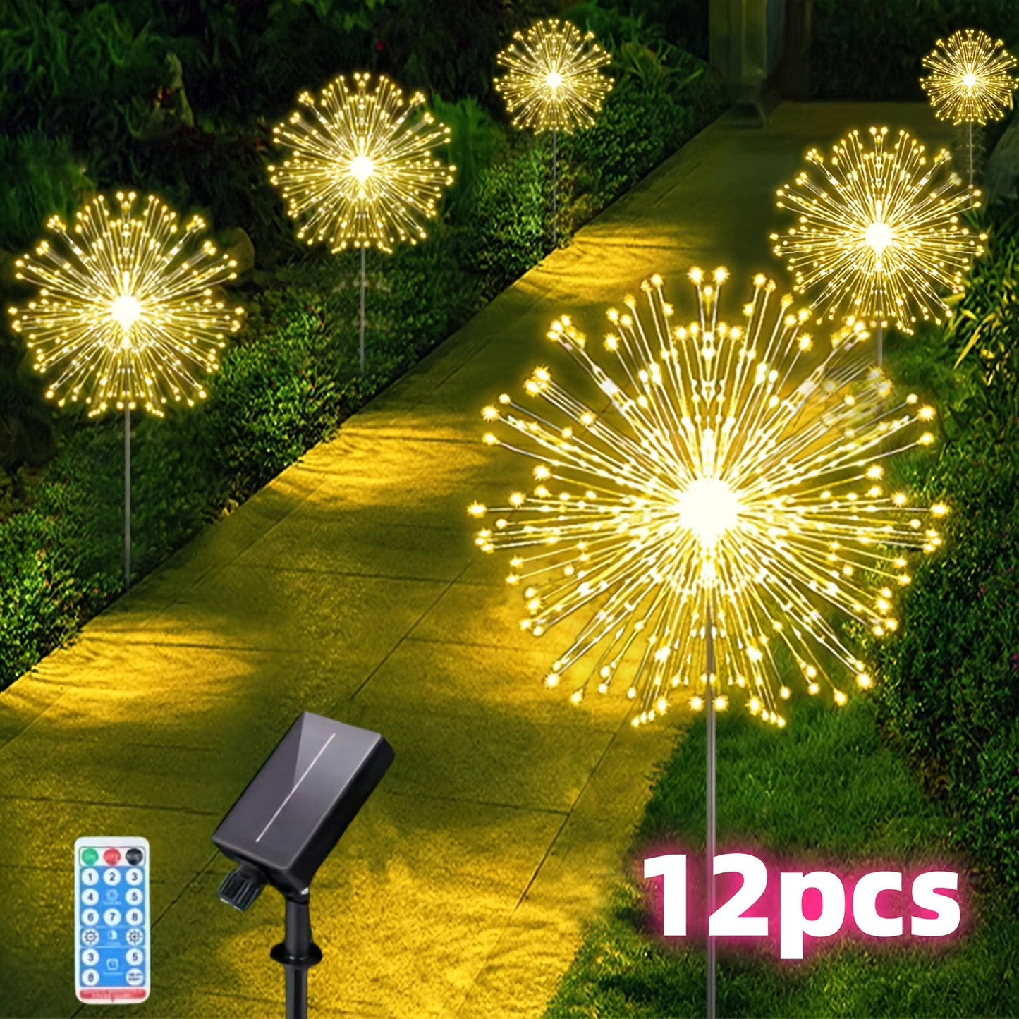 Solar Dandelion Lights with Remote Control 540/1080 LED 8 Modes Warm White – 6/12 Pack Outdoor Fireworks Stake Lights for Lawn Garden Christmas Halloween Festival Decoration