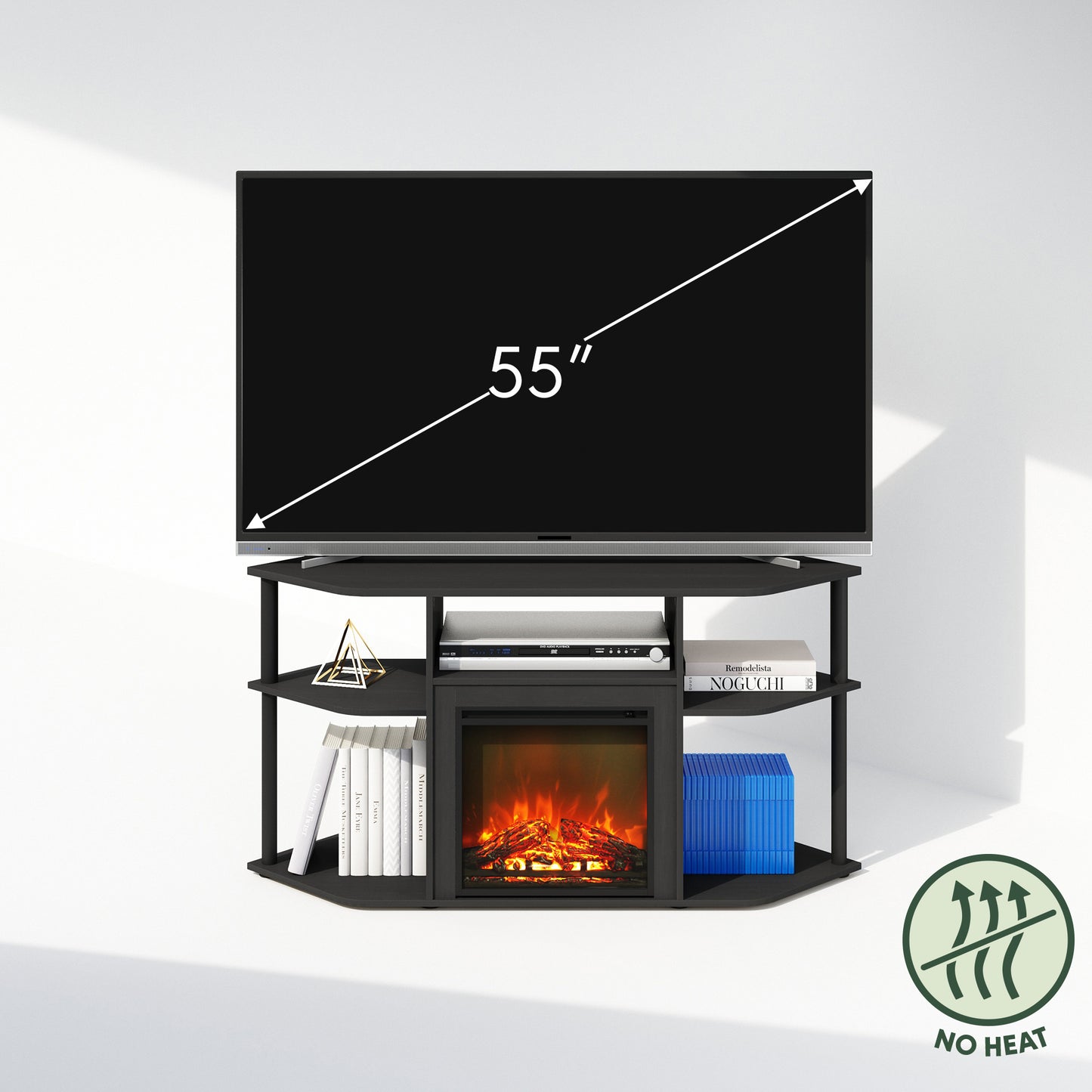 Corner TV Stand with Electric Fireplace, 55" Entertainment Center with Open Storage Shelves & Decorative Plastic Poles, Corner Fireplace Media Console, Americano/Black