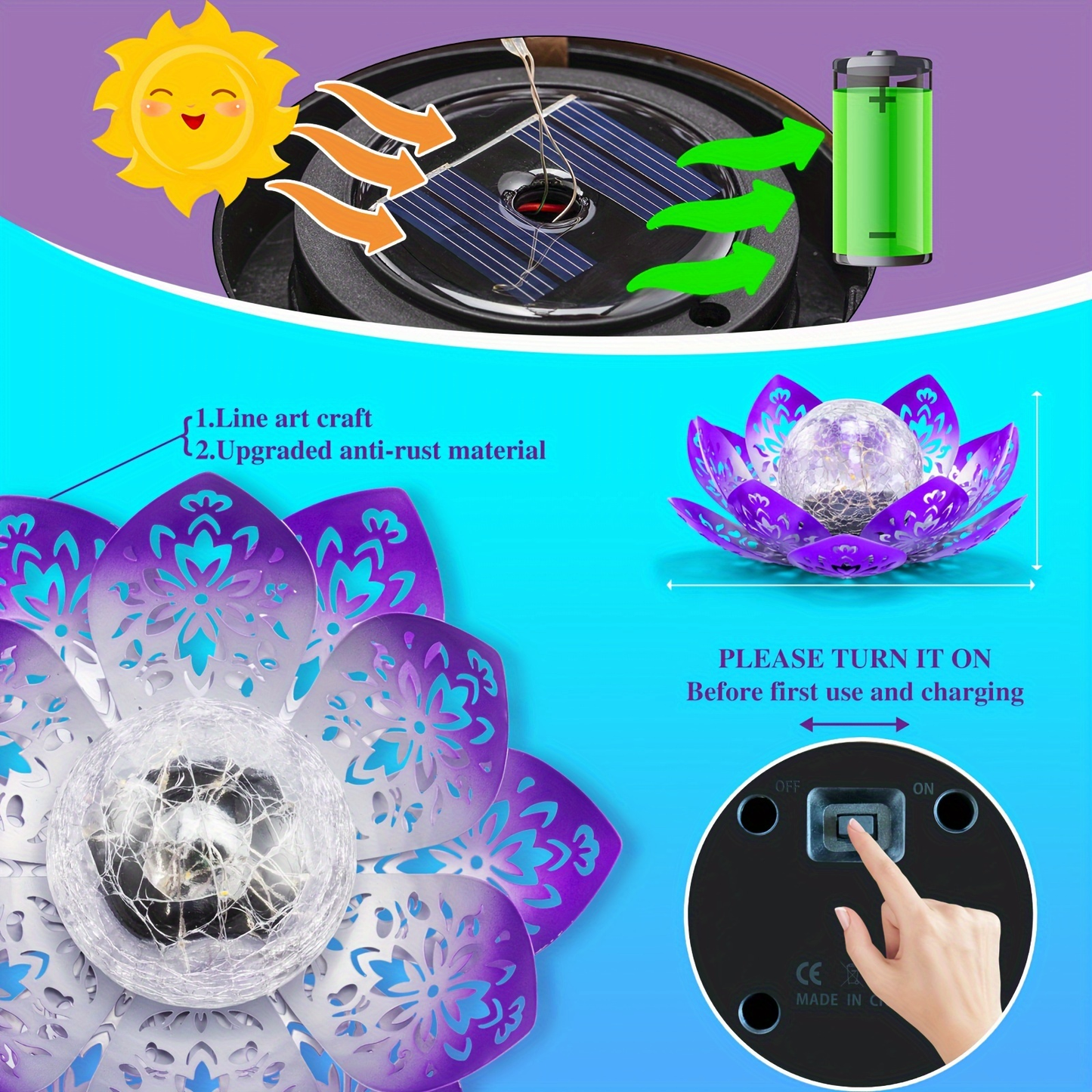 Solar Garden Light Lotus Flower LED Step Light Outdoor Cracked Glass Ball IPX4 Waterproof Lawn Yard Pathway Staircase Corridor Decor – Azure Blue Purple Gray