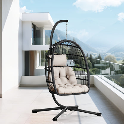 Outdoor Egg Chair with Stand Rattan Wicker Hanging Swing Hammock Chair Thickened Aluminum Frame UV-Resistant Cushion 350LBS Capacity Patio Balcony Deck Lawn Seat