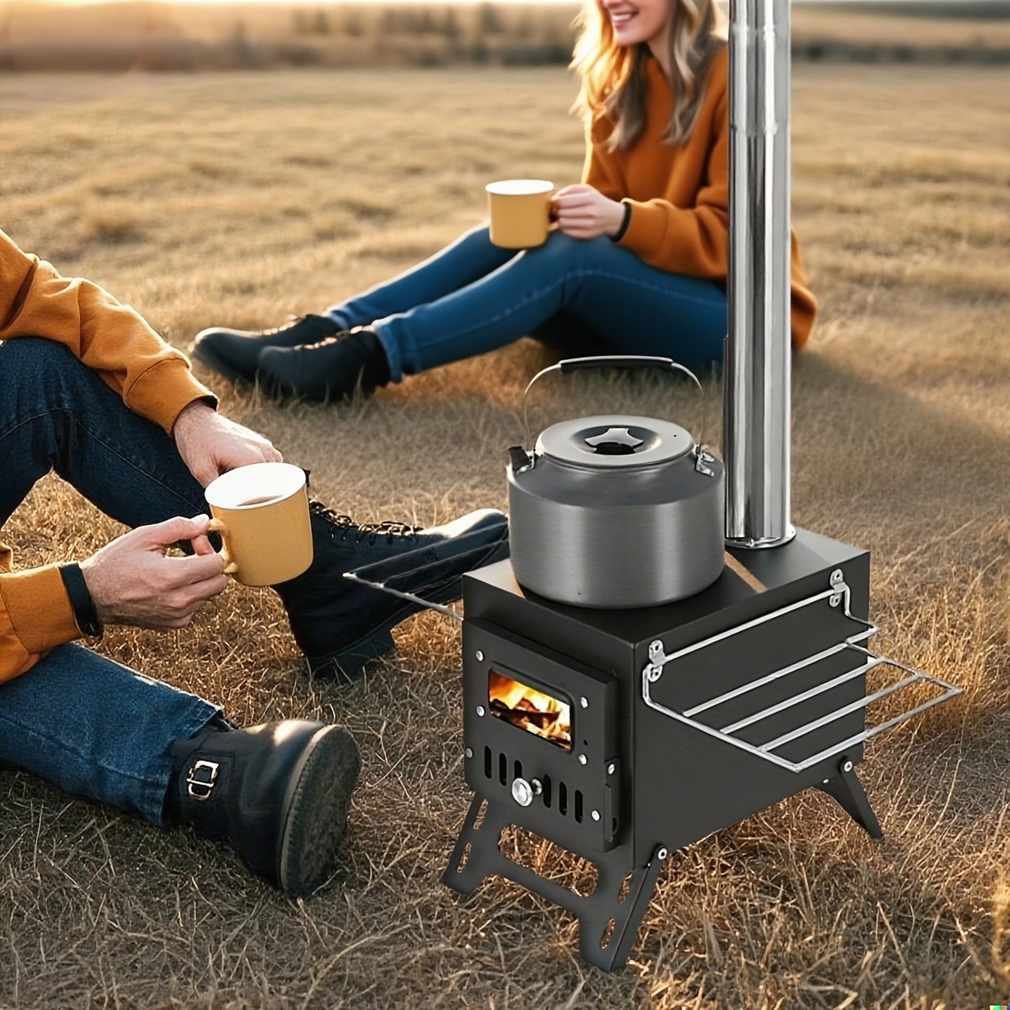 Outdoor Wood Burning Fireplace Stove Portable Camping Fire Pit Foldable Legs Carry Handle 5-Piece Chimney Pipe Complete Tool Set for Camping RV Patio Garden Winter Heating Party
