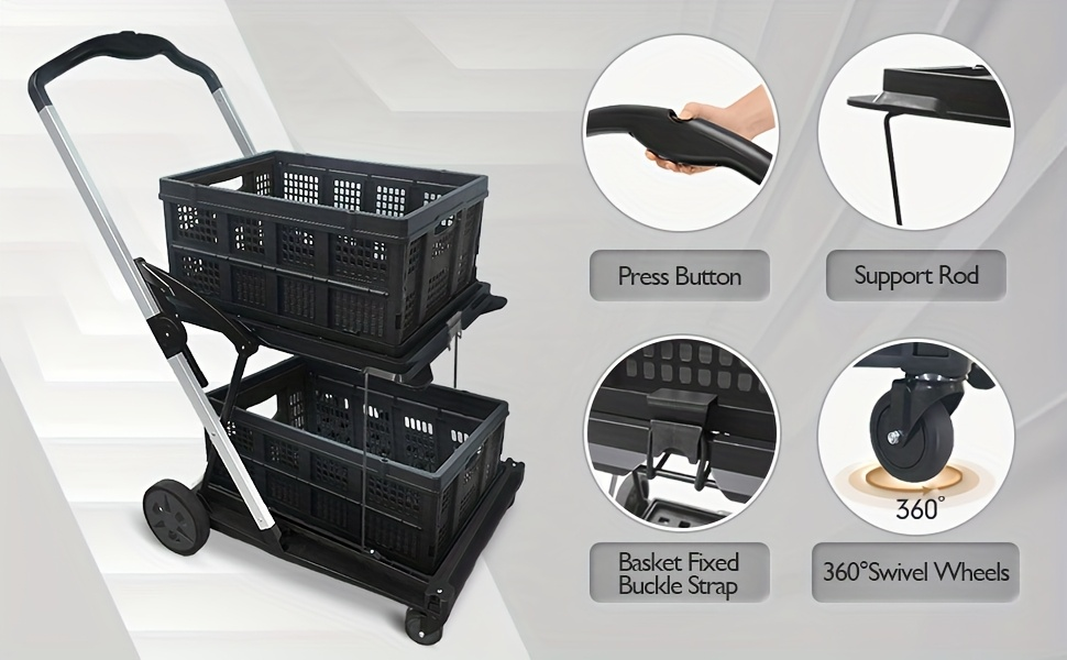 Folding Shopping Cart with 2-Layer Storage Crate | Heavy Duty Collapsible Utility Cart for Groceries, Warehouse & Supermarket | Black