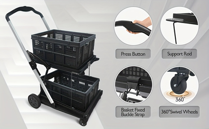 Folding Shopping Cart with 2-Layer Storage Crate | Heavy Duty Collapsible Utility Cart for Groceries, Warehouse & Supermarket | Black